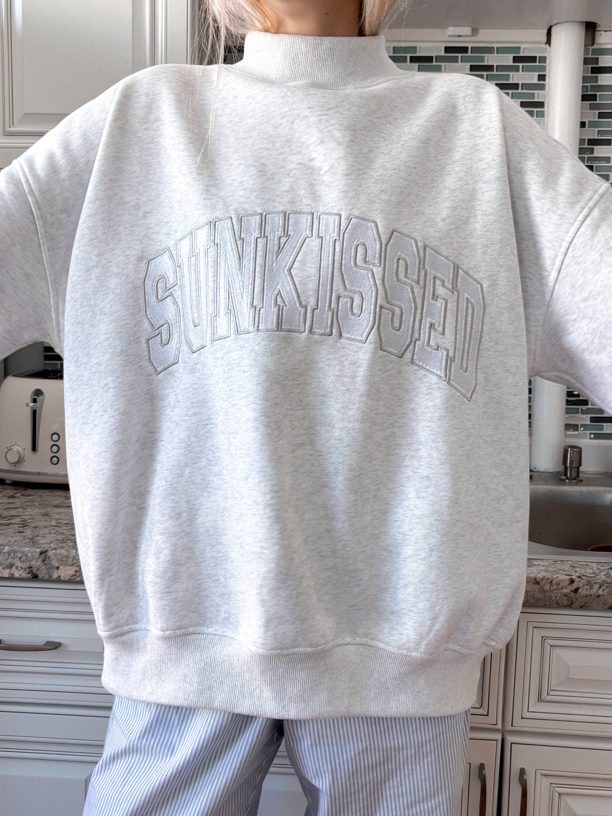 Pearl Grey Mockneck Sunkissed Varsity Embroider Sweatshirt
