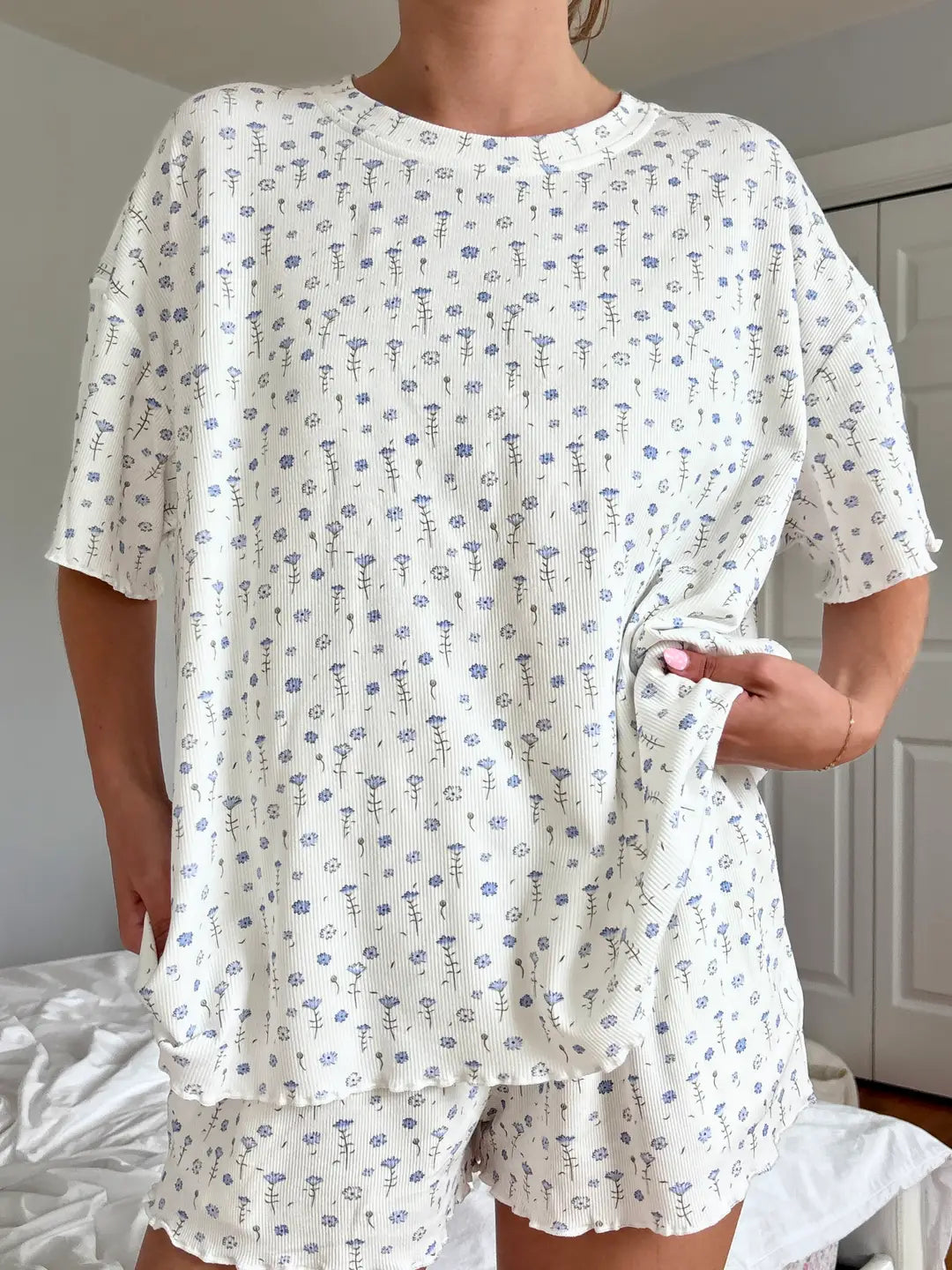 White Ditsy Blue Floral Pajama Shorts
