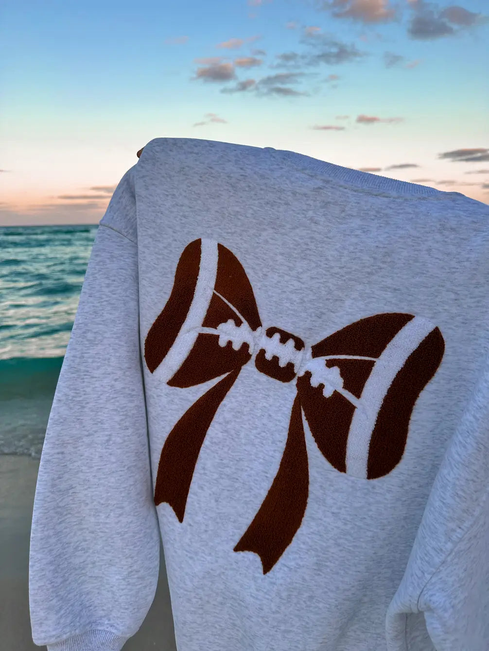 Pearl Grey Football Bows Game Day Embroider Sweatshirt