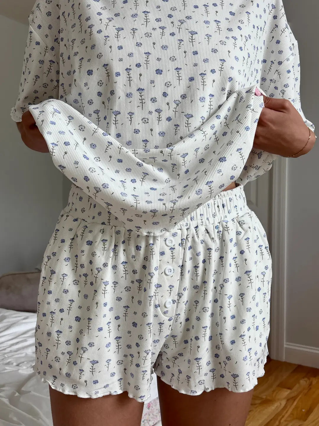 White Ditsy Blue Floral Pajama Shorts