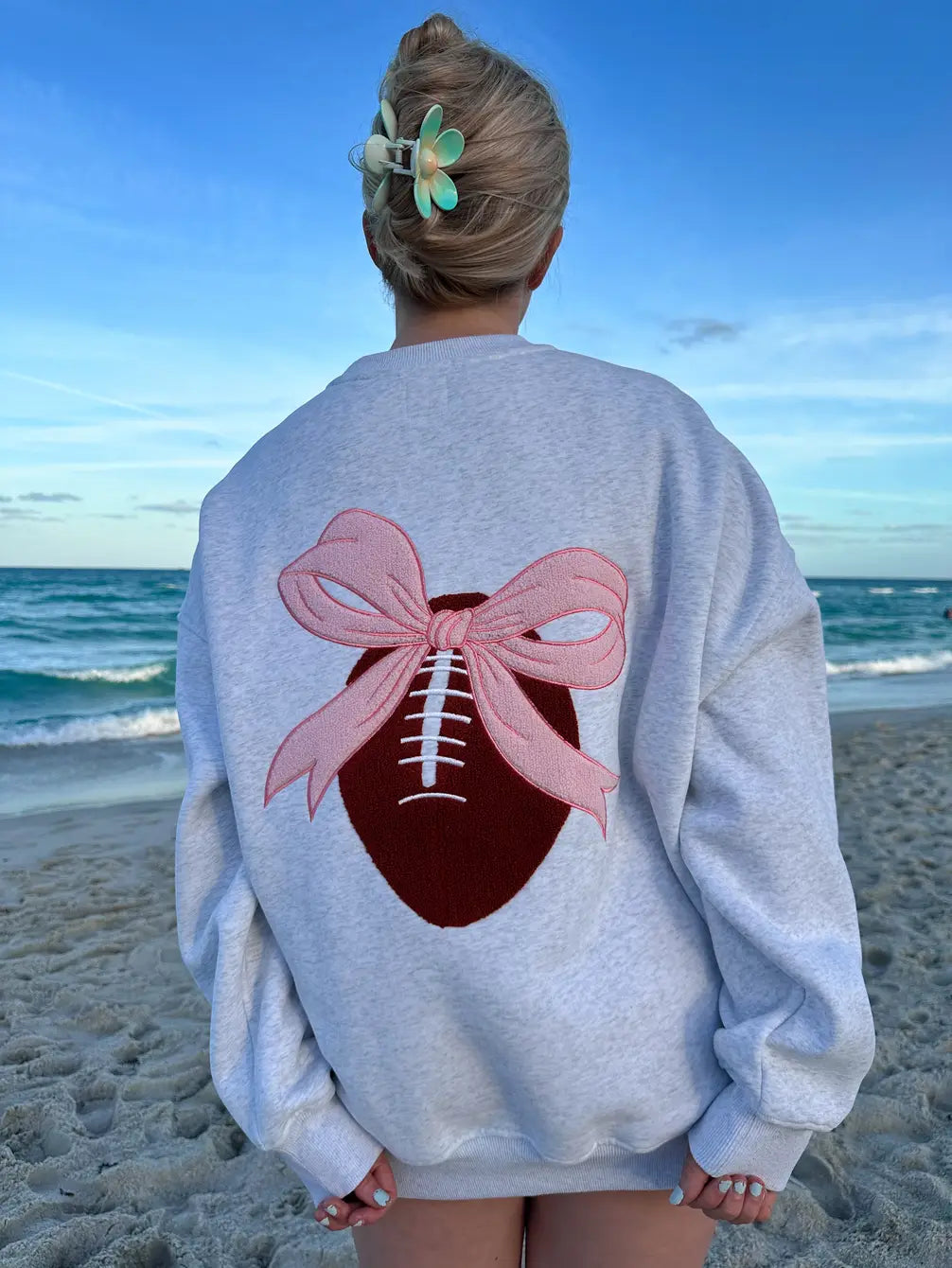 Pearl Grey Pink Bow Football Game Day Embroider Sweatshirt