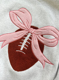 Pearl Grey Pink Bow Football Game Day Embroider Sweatshirt