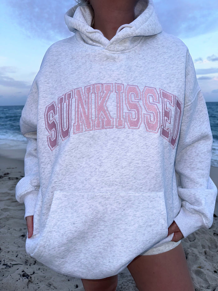 Pearl Grey with Pink Thread Sunkissed Varsity Embroider Hoodie