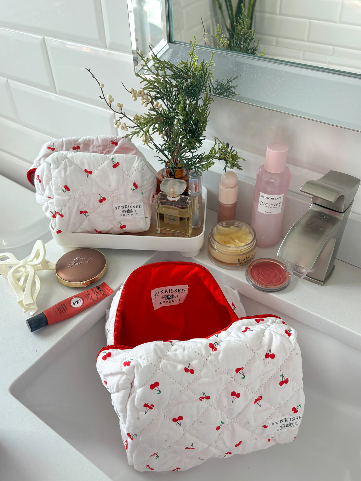 Large Cherry Quilted Handmade Travel Bag