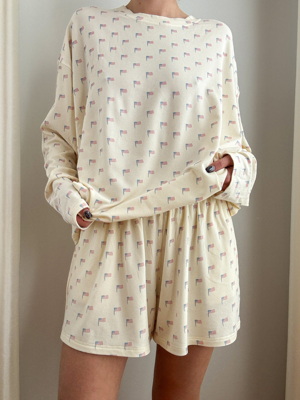 Pale Yellow American Flag Pajama Pattern Top