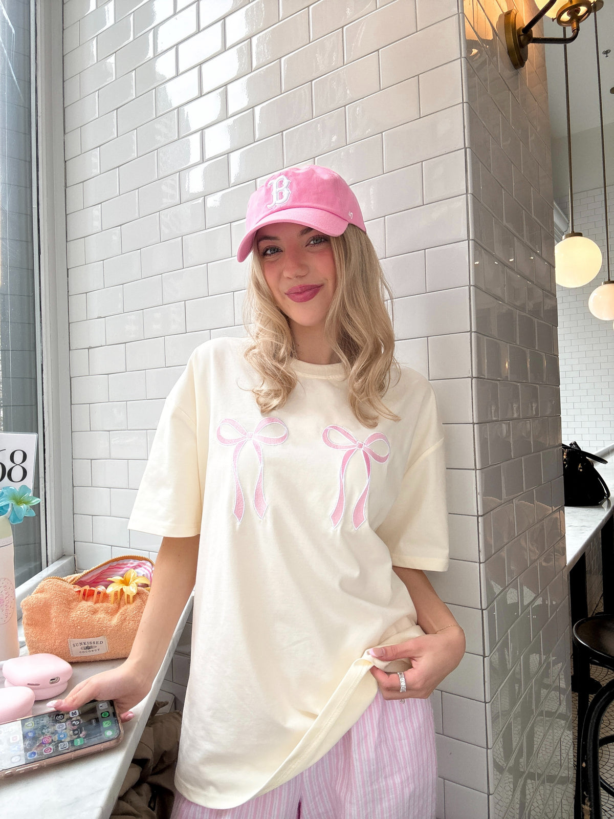 Pink Embroider Bow Tee