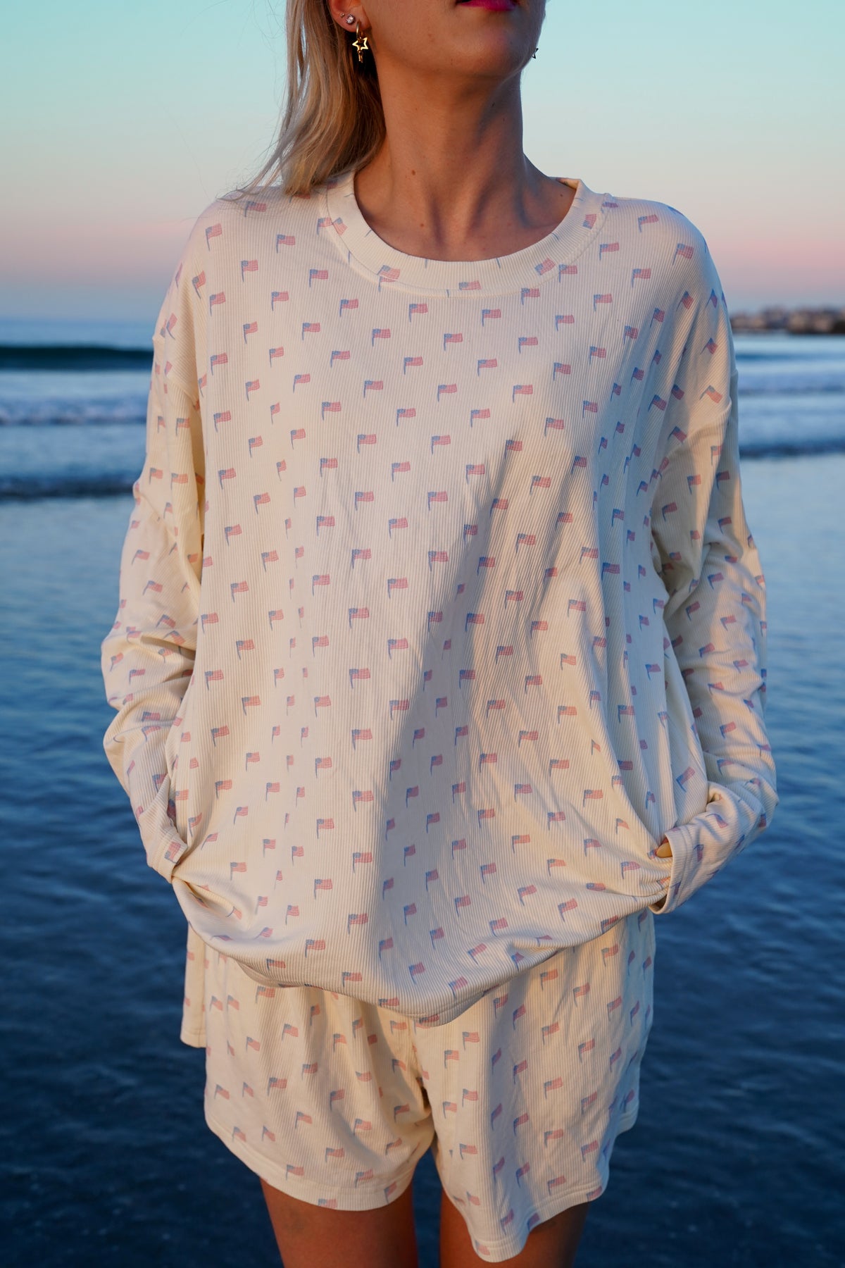 Pale Yellow American Flag Pajama Pattern Top