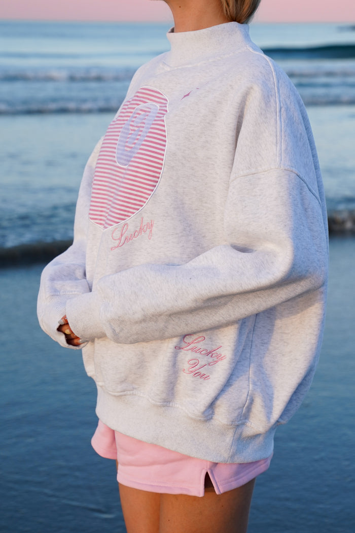 Pearl Grey Lucky You 8 Ball Mockneck Embroider Sweatshirt