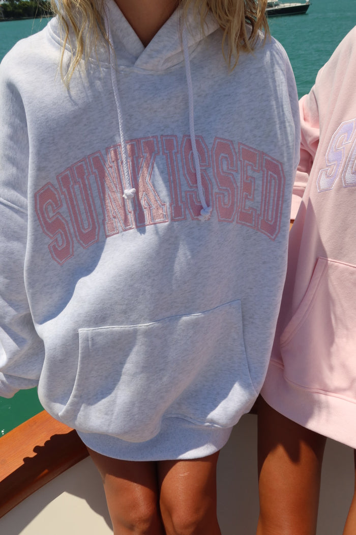 Pearl Grey with Pink Thread Sunkissed Varsity Embroider Hoodie