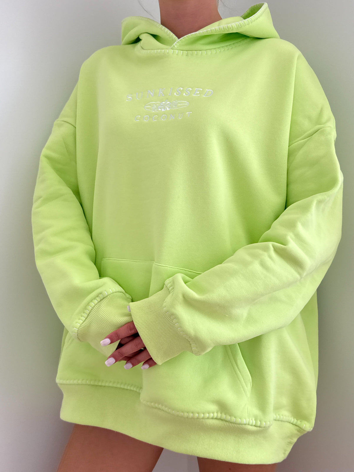 Light Lime Green Stitched Sunkissedcoconut Hoodie 100% Cotton