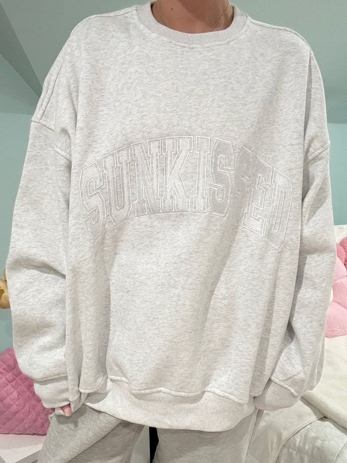 Pearl Grey and White Thread Sunkissed Varsity Embroider Sweatshirt
