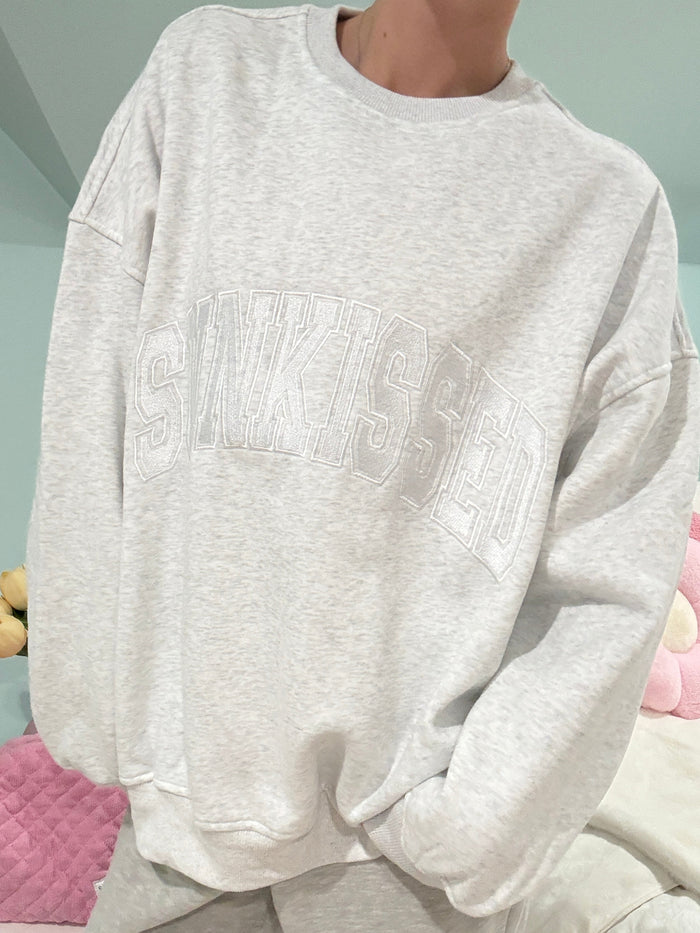 Pearl Grey and White Thread Sunkissed Varsity Embroider Sweatshirt