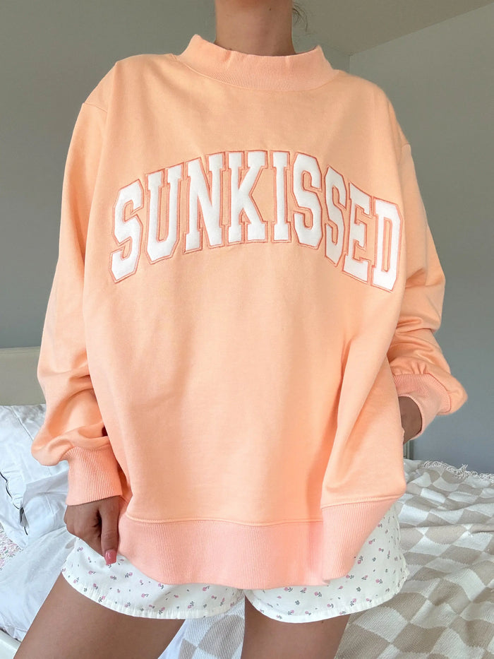 Papaya Orange Varsity Sunkissed Embroidered Mockneck Sweatshirt 100% Cotton
