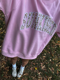 Bubblegum Pink Cheetah Print Varsity Sunkissed Embroidered Mockneck Sweatshirt 100% Cotton