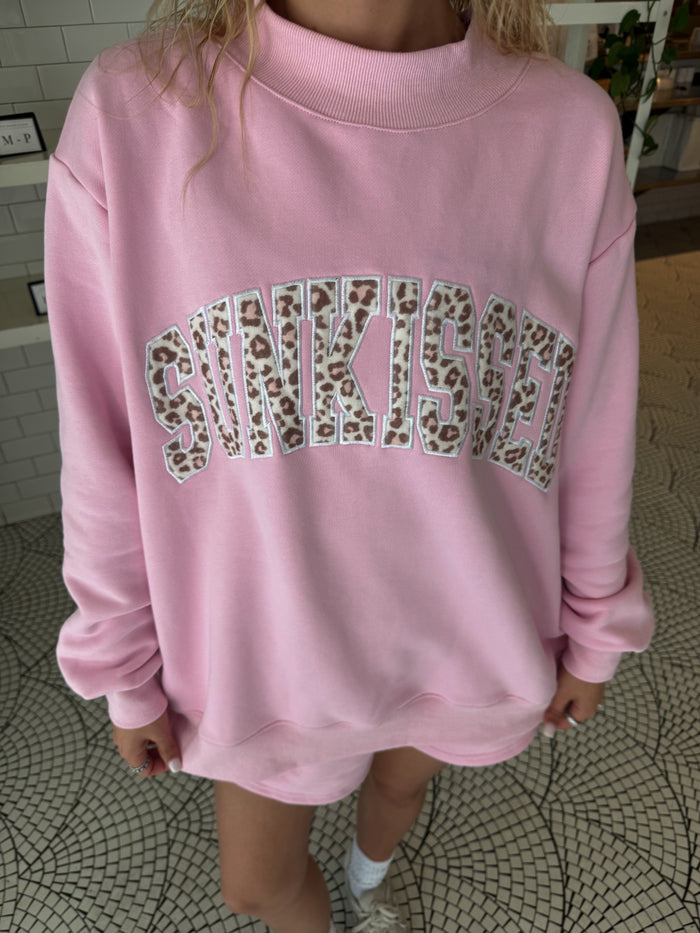 Bubblegum Pink Cheetah Print Varsity Sunkissed Embroidered Mockneck Sweatshirt 100% Cotton