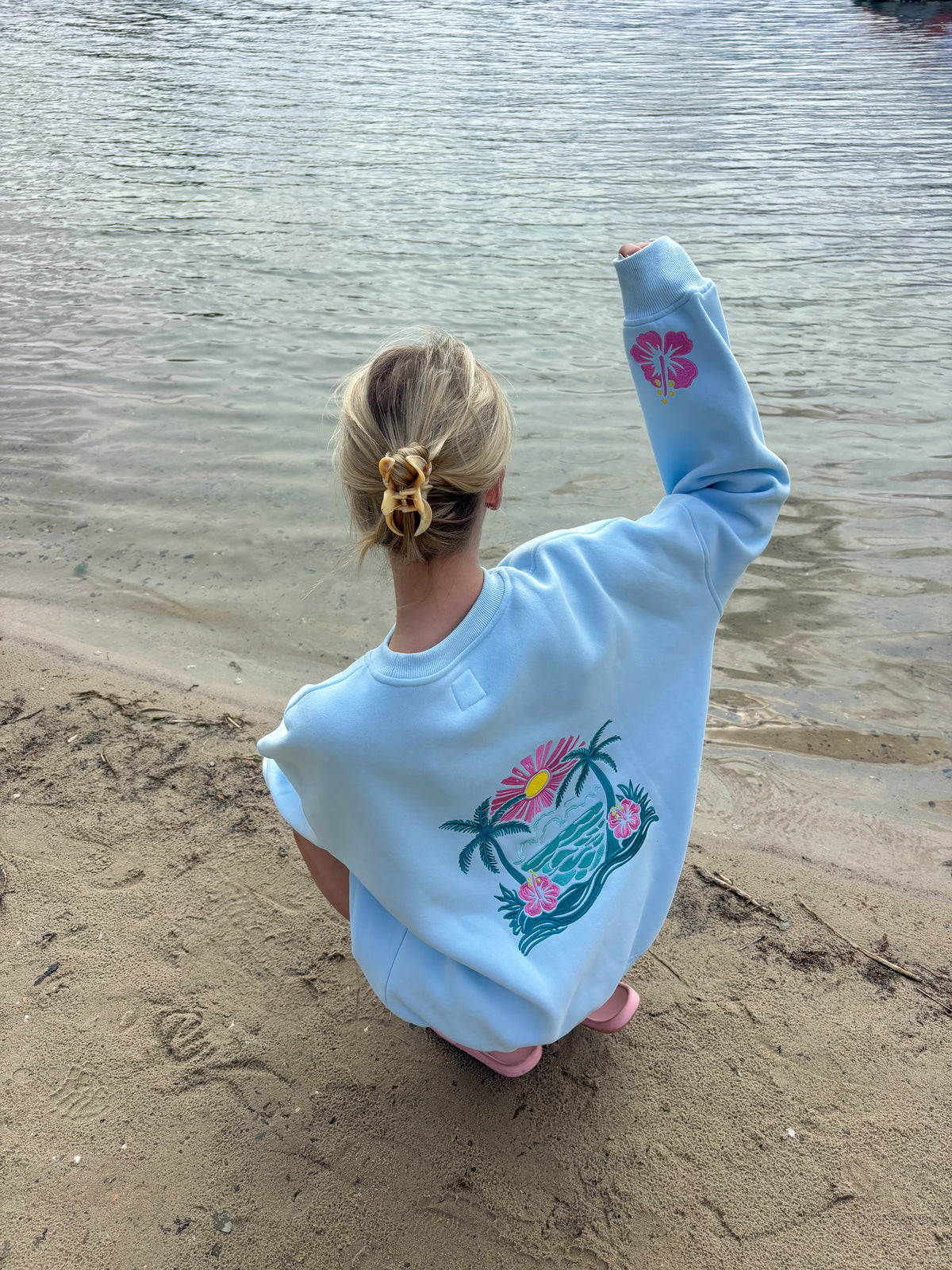 Icy Blue Hibiscus Flower Beach Babe Embroider Sweatshirt