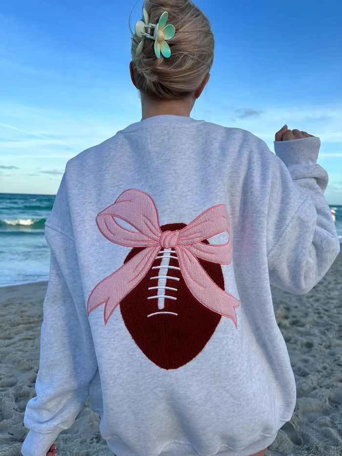 Pearl Grey Pink Bow Football Game Day Embroider Sweatshirt