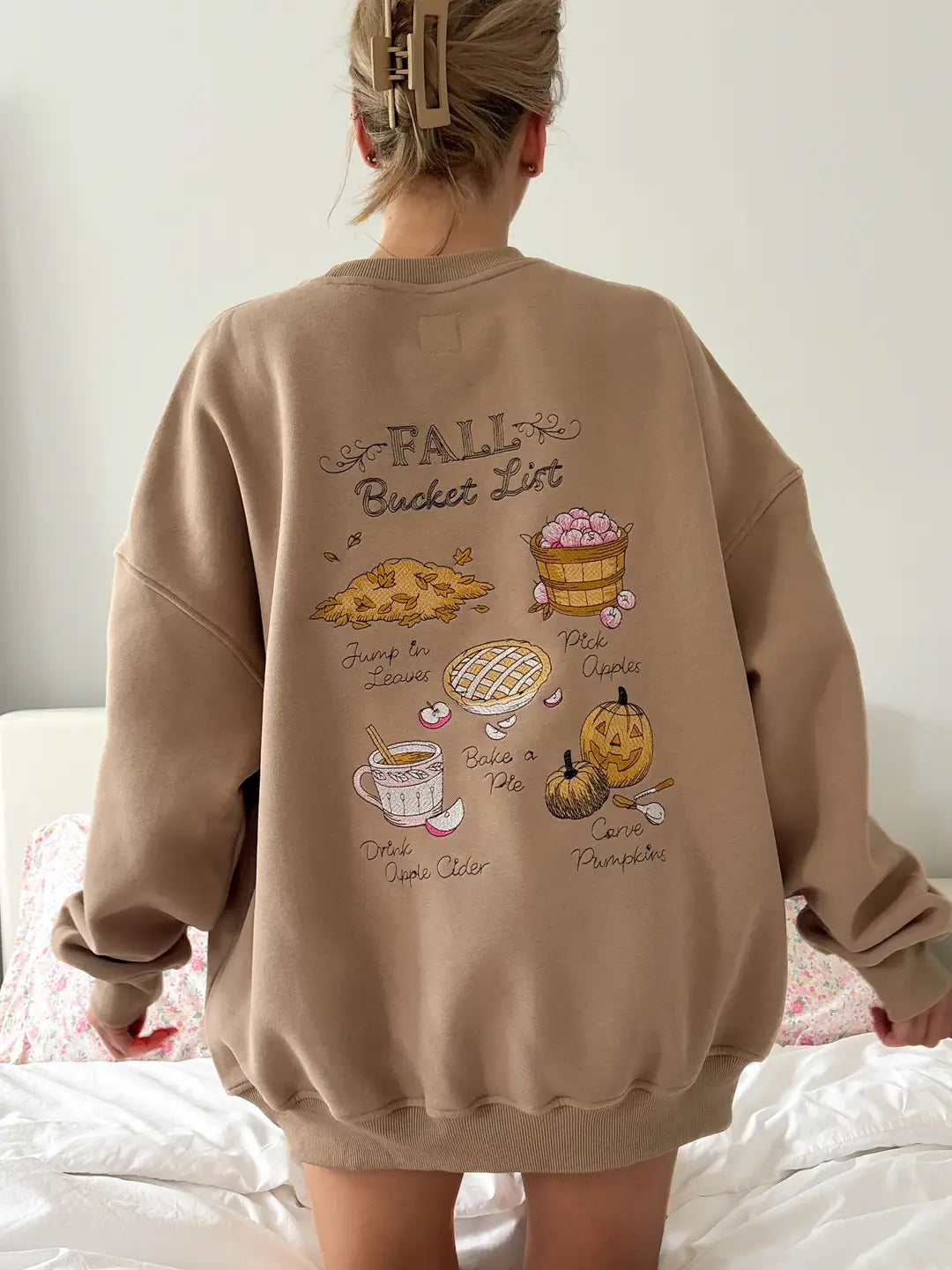 Cappuccino Autumn Fall Bucket List Embroidered Sweatshirt