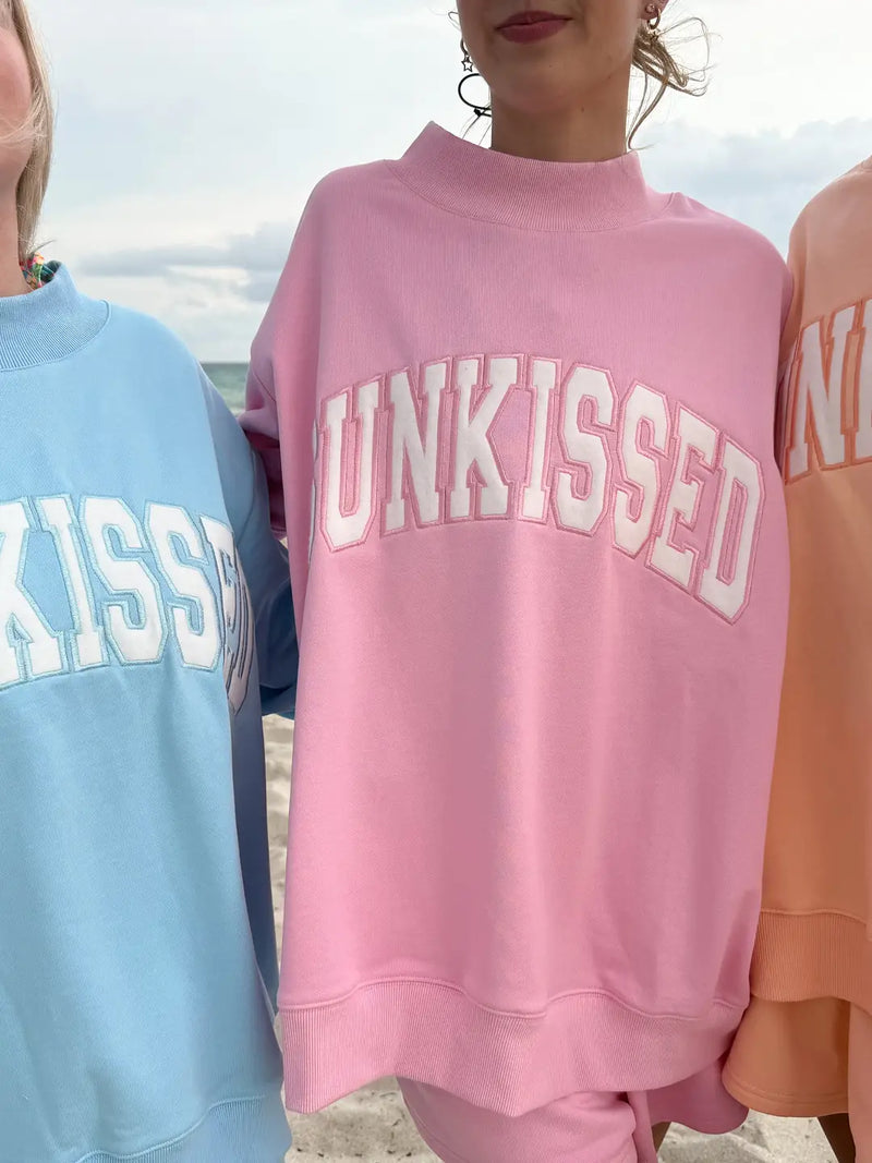 Lottie Pink Varsity Sunkissed Embroidered Mockneck Sweatshirt 100% Cotton