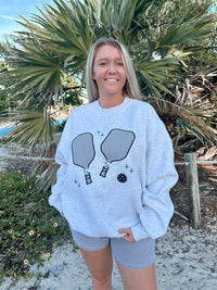 Pearl Grey Pickleball Detailed Embroider Sweatshirt