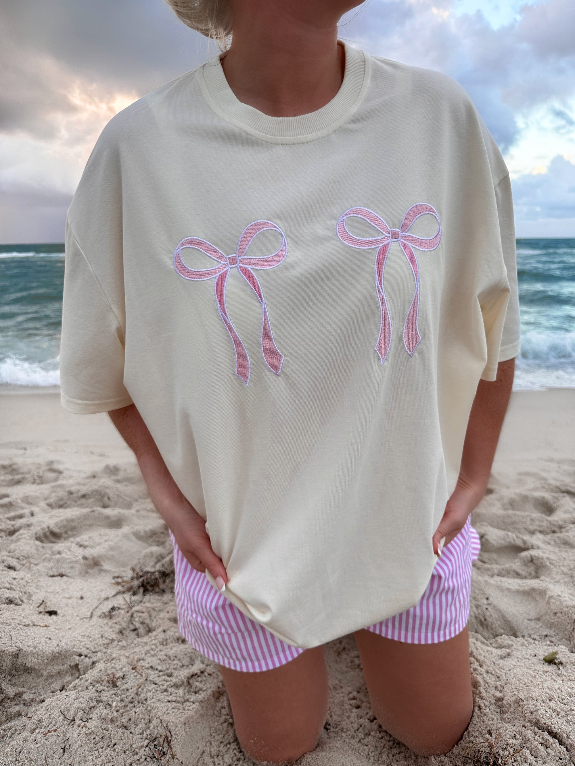 Pink Embroider Bow Tee