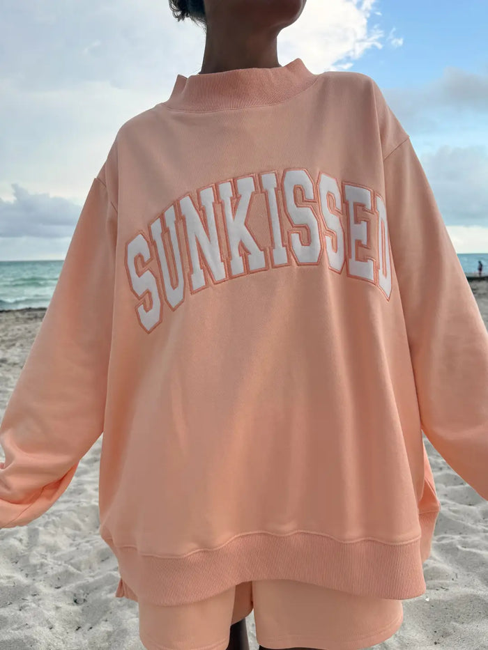 Papaya Orange Varsity Sunkissed Embroidered Mockneck Sweatshirt 100% Cotton