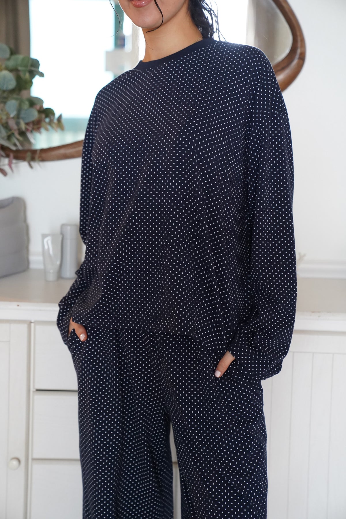 Navy Blue Polka Dot Loungewear Long Sleeve Top