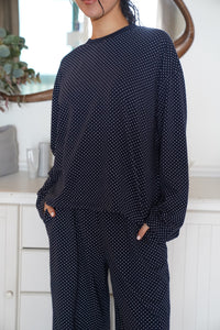 Navy Blue Polka Dot Loungewear Long Sleeve Top