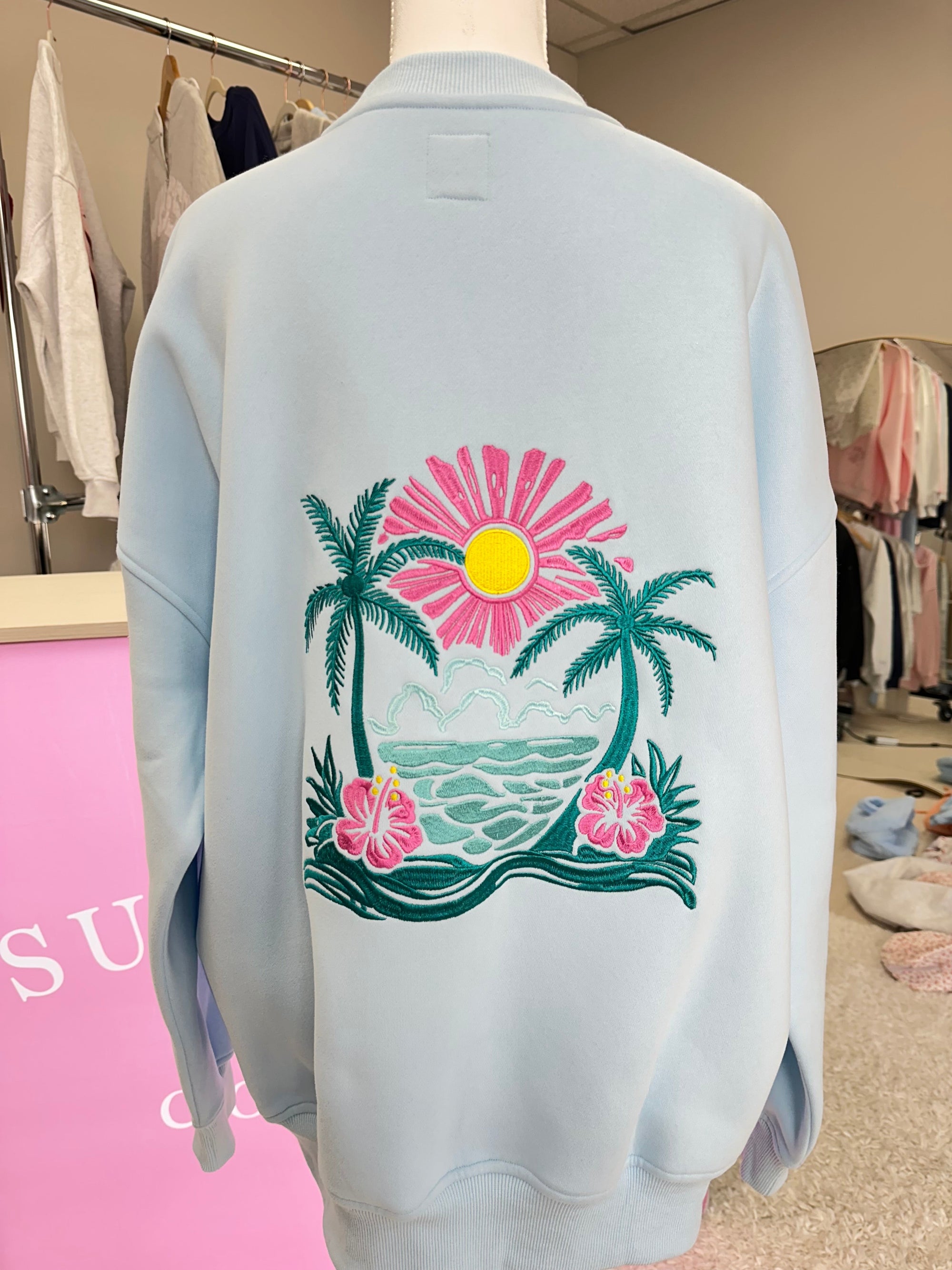 Icy Blue Hibiscus Flower Beach Babe Embroider Sweatshirt