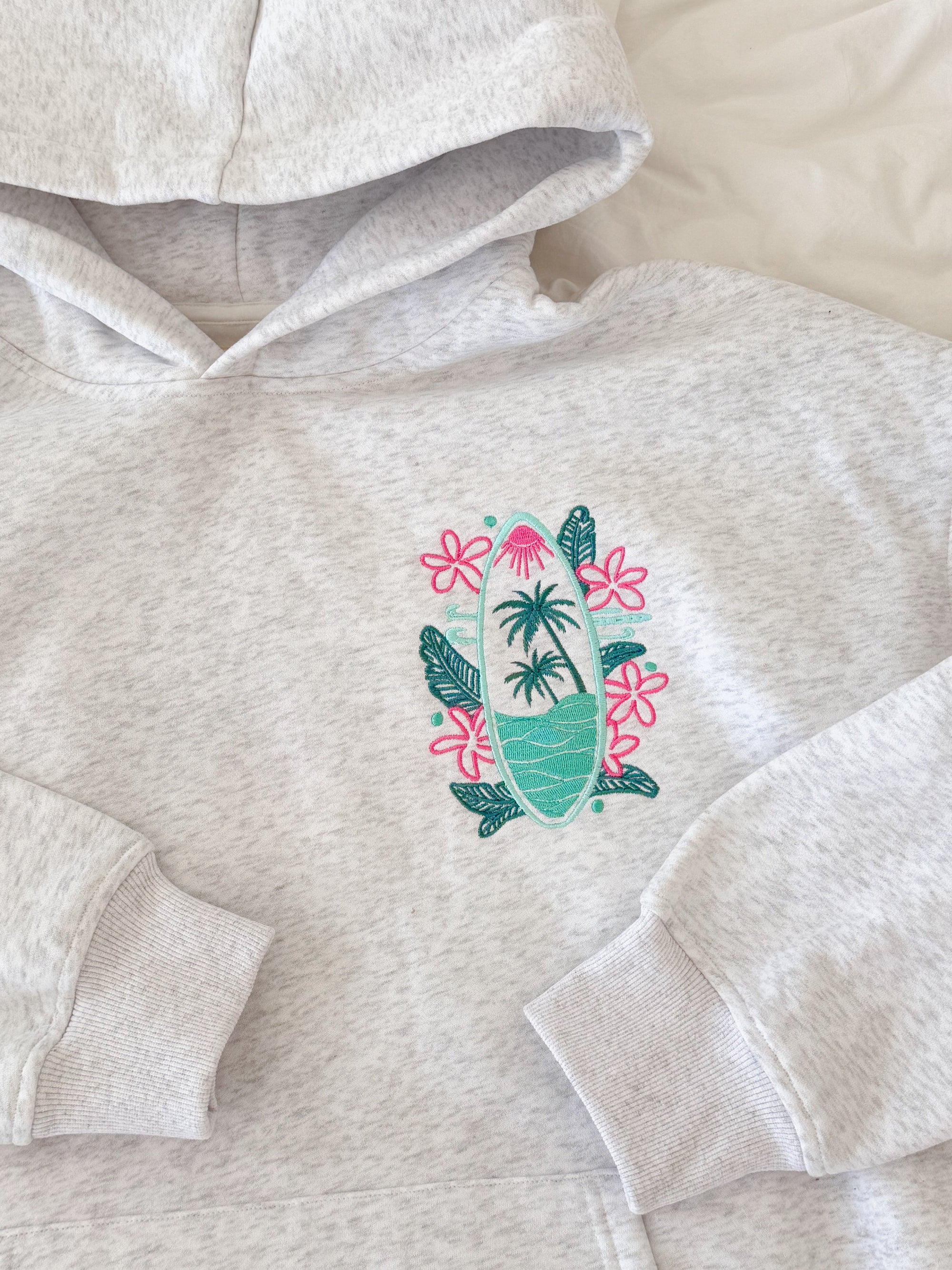 Pearl Grey Surfing The Waves Embroider Hoodie