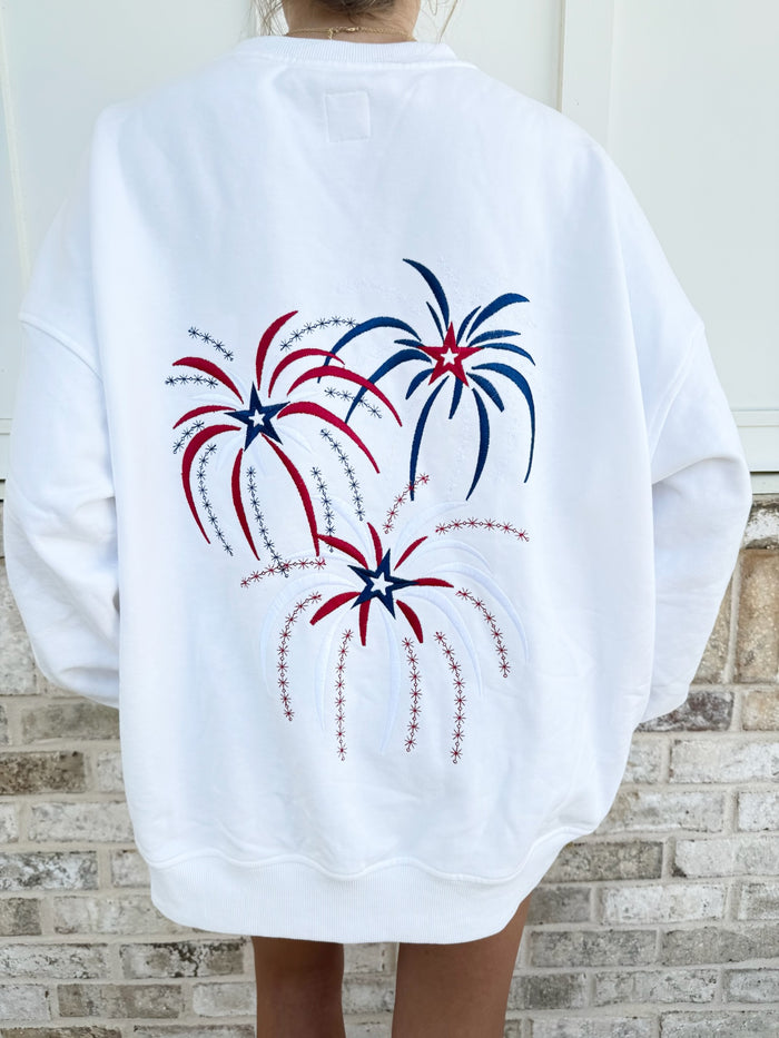 White Fireworks 4th Of July Memorial Day Embroider Sweatshirt