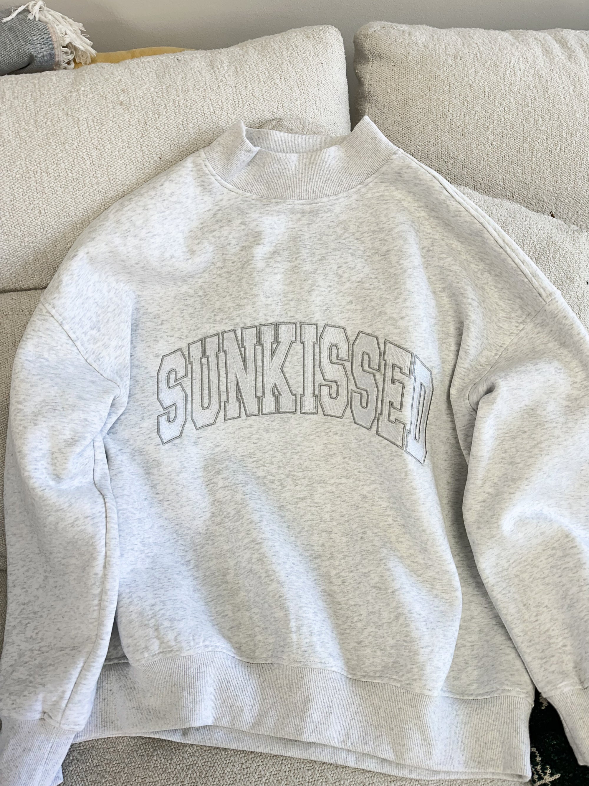 Pearl Grey Mockneck Sunkissed Varsity Embroider Sweatshirt