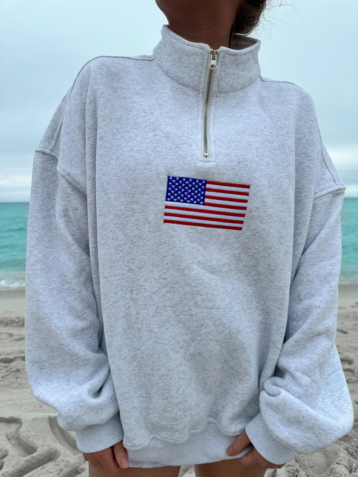 Pearl Grey Vintage American Flag Quarter-Zip Sweatshirt