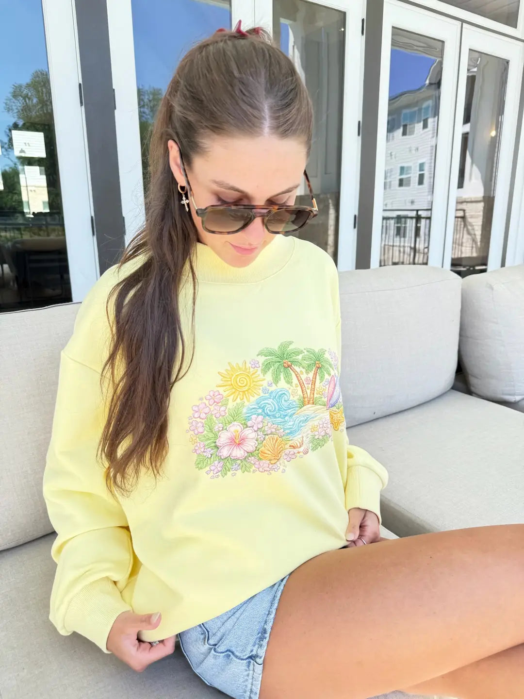 Butter Yellow Seaside Bloom Graphic Mockneck Sweatshirt