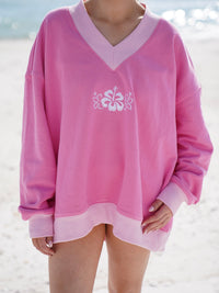 Pink And Light Pink Embroider Hibiscus Flower V-Neck Sweatshirt