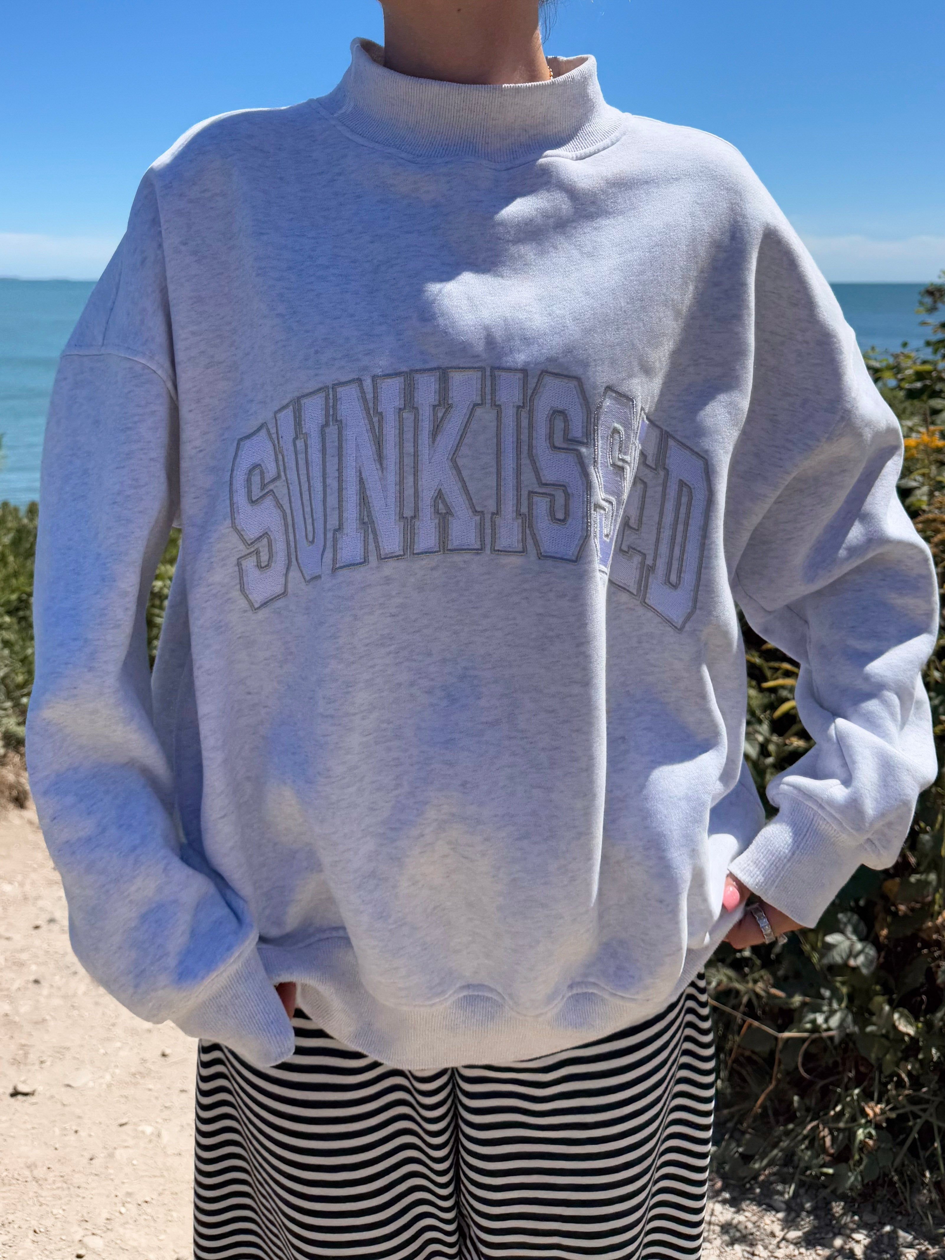 Pearl Grey Mockneck Sunkissed Varsity Embroider Sweatshirt