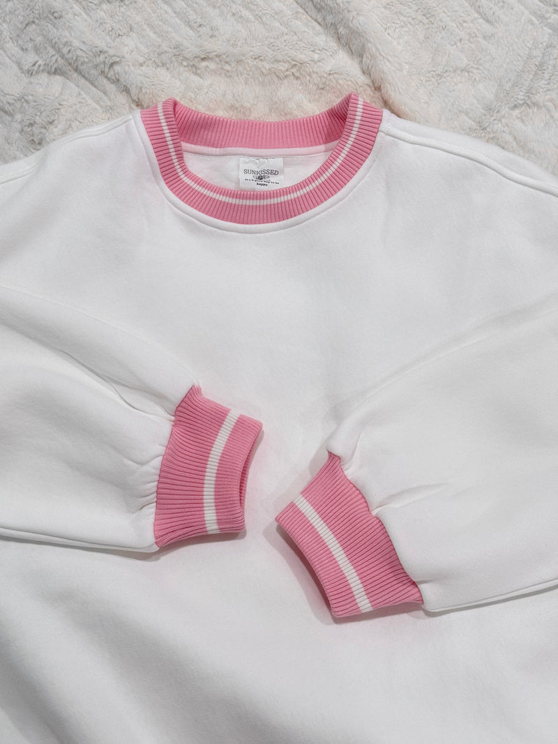 Blank White And Pink Preppy Crew Sweatshirt