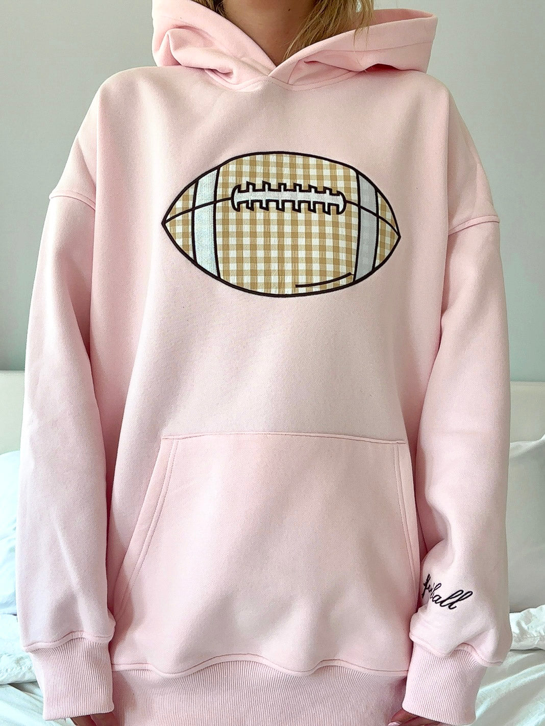 Light Pink Game Day Gingham Football Embroider Hoodie