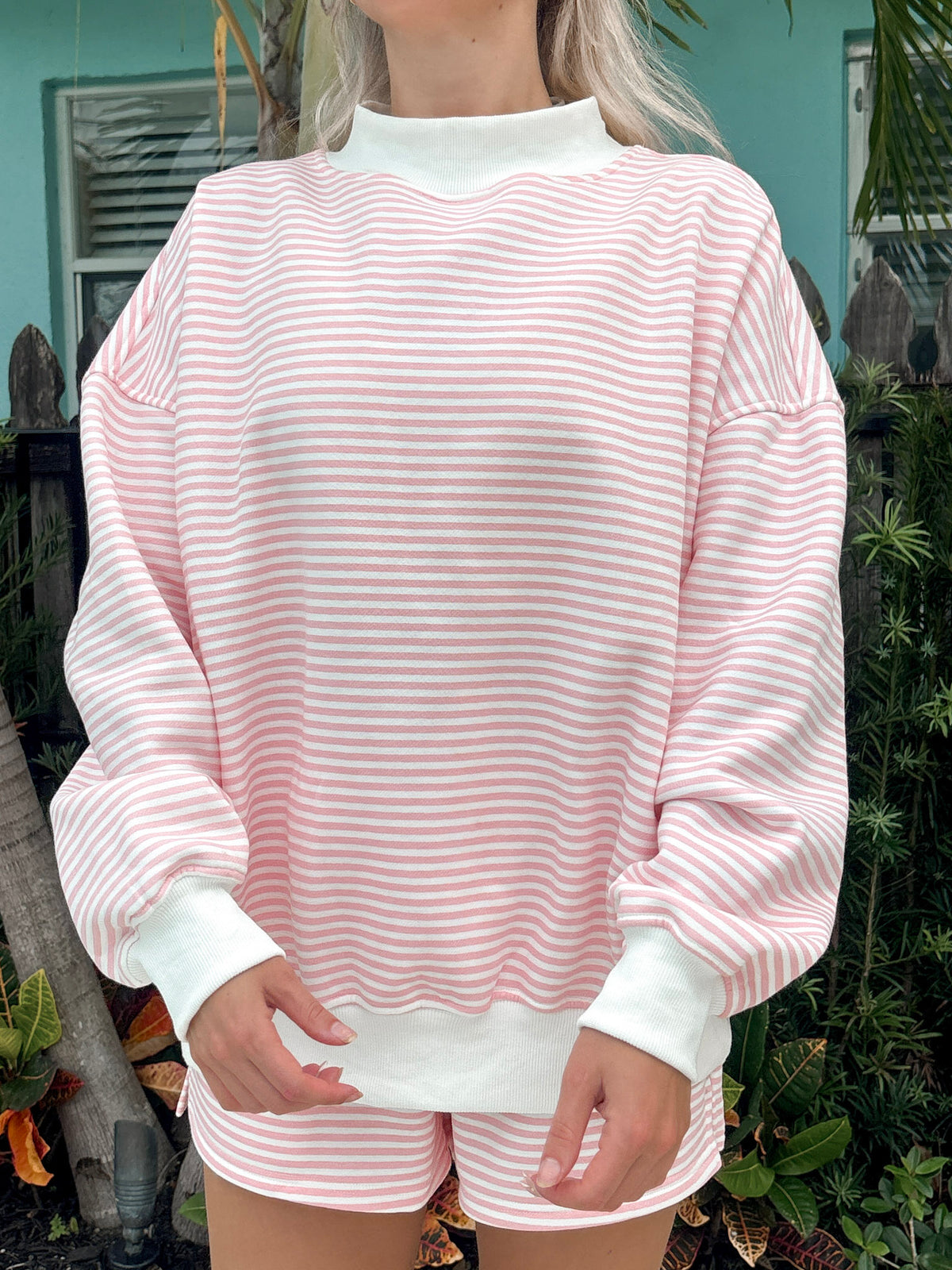 Light Pink and White Big Striped Mockneck Sweatshirt