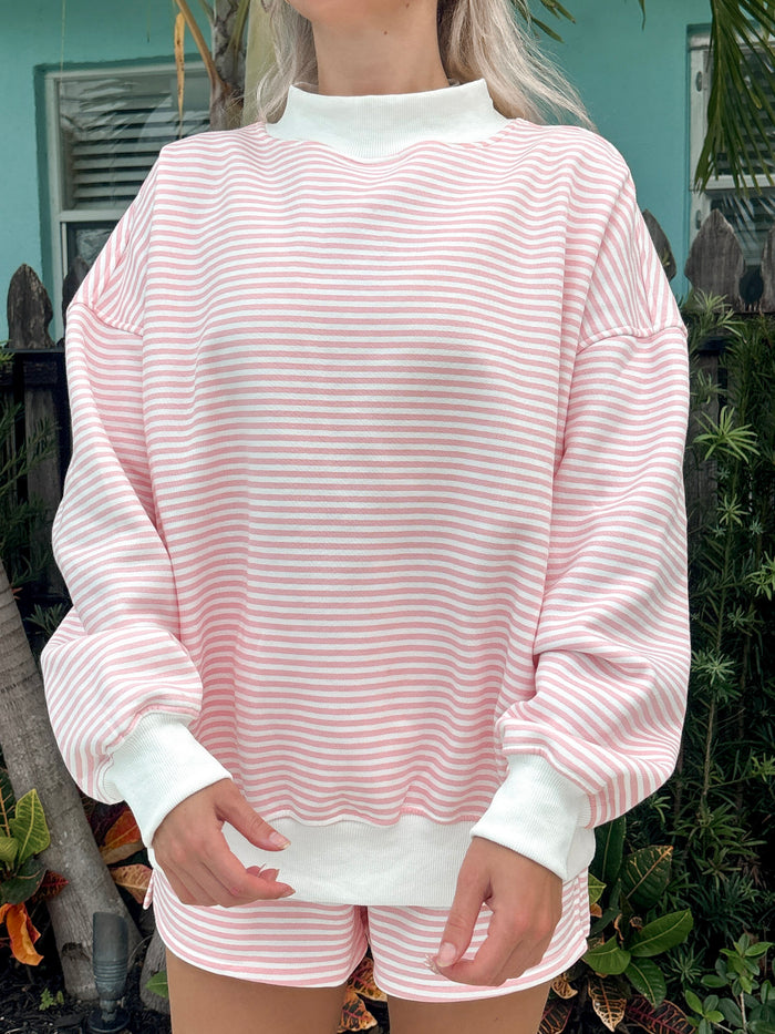 Light Pink and White Big Striped Mockneck Sweatshirt