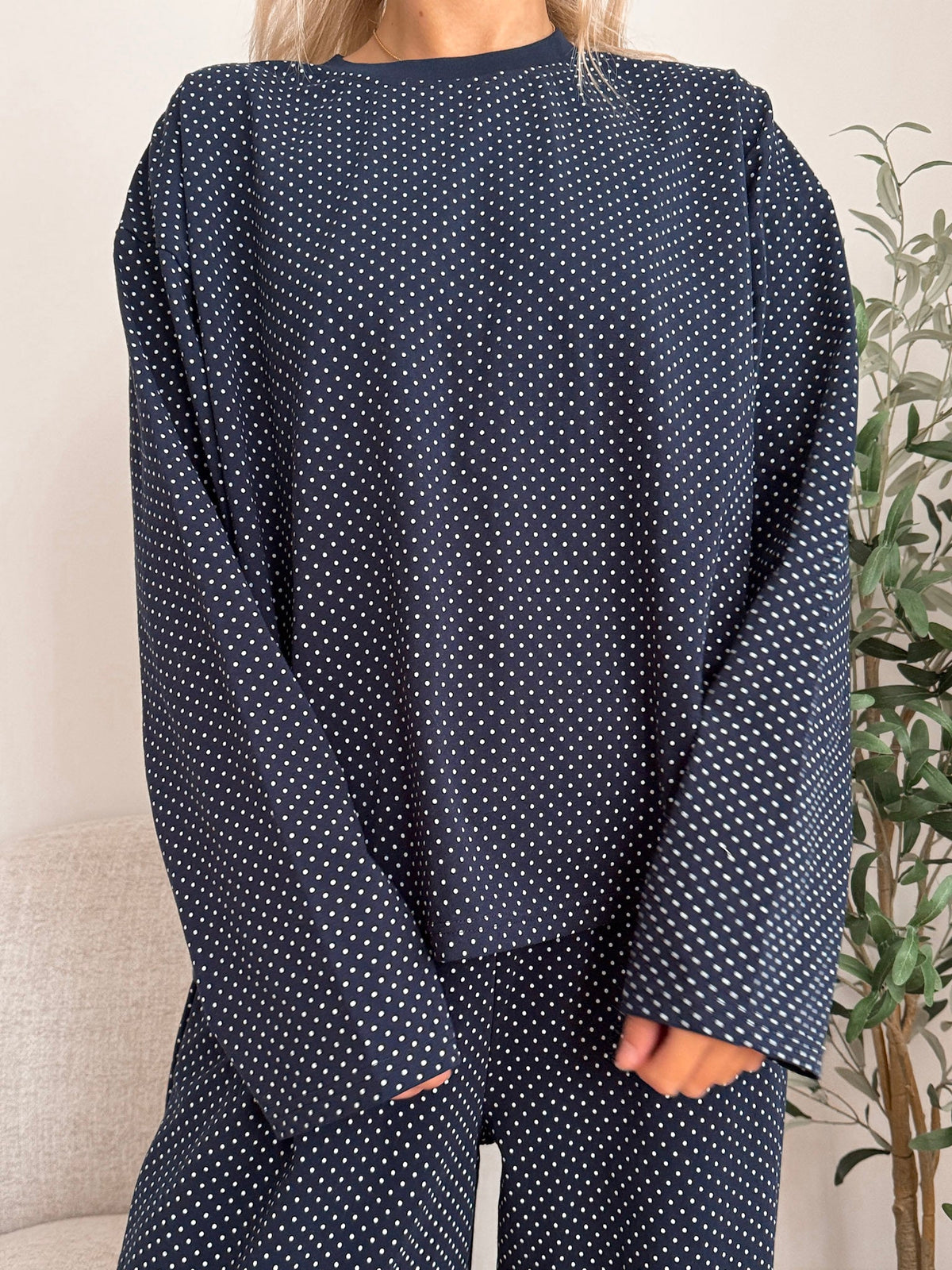 Navy Blue Polka Dot Loungewear Long Sleeve Top