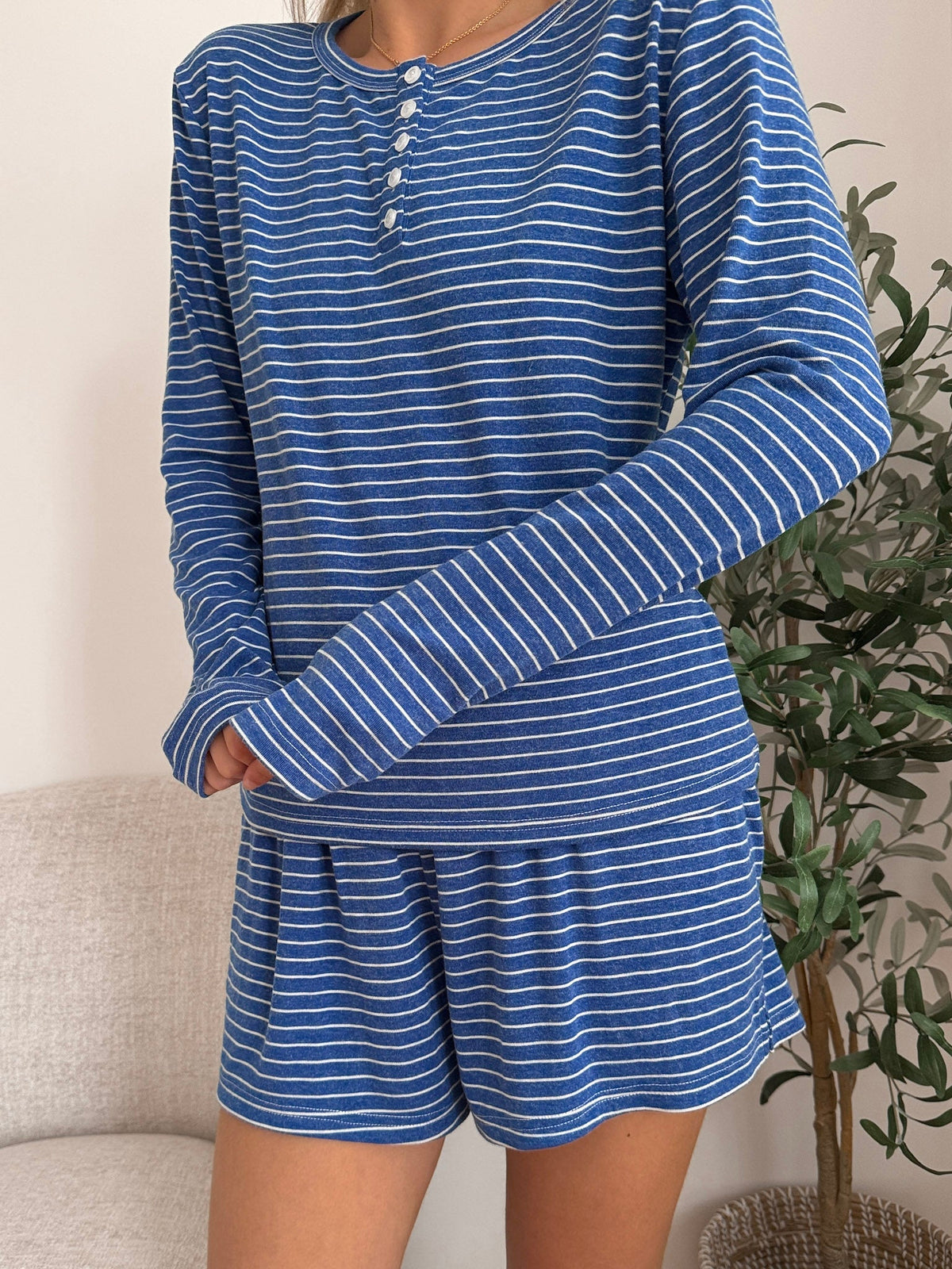 Striped Soft Button Loungewear Long Sleeve Top