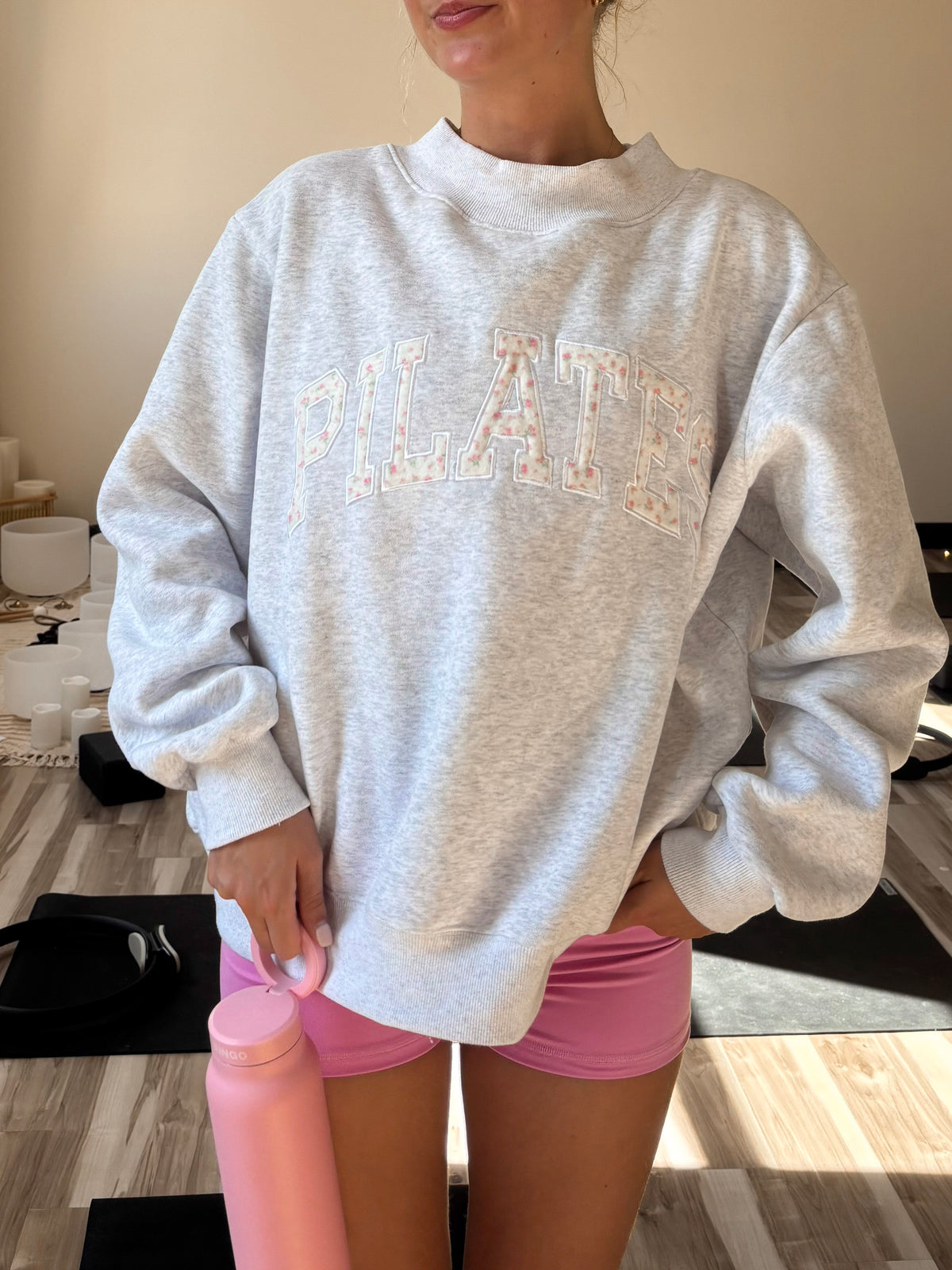 Pearl Grey Mockneck Pilates Embroider Sweatshirt