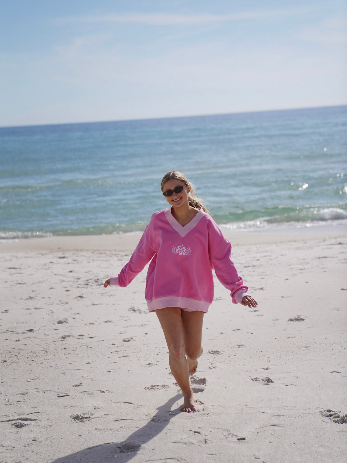 Pink And Light Pink Embroider Hibiscus Flower V-Neck Sweatshirt