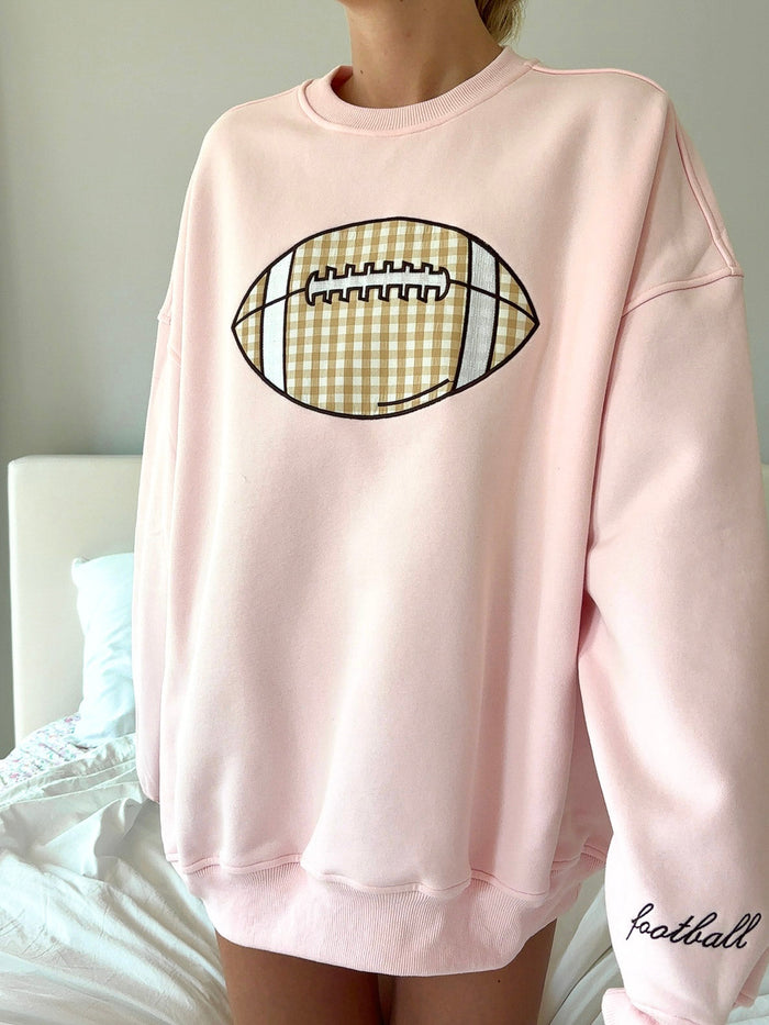 Light Pink Game Day Gingham Football Embroider Sweatshirt