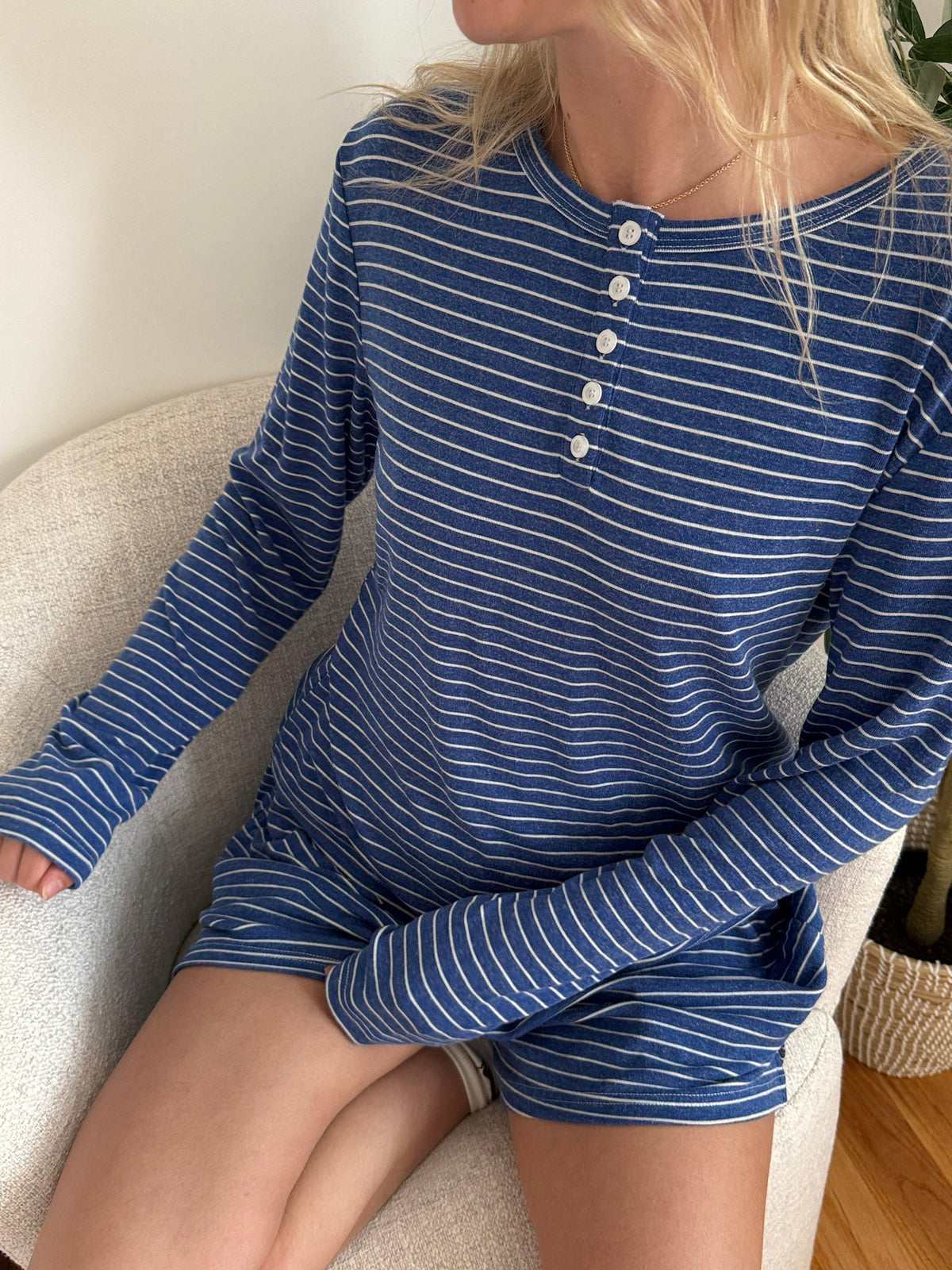 Striped Soft Button Loungewear Long Sleeve Top