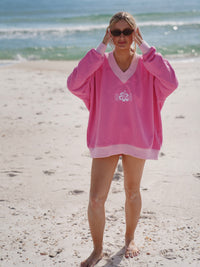 Pink And Light Pink Embroider Hibiscus Flower V-Neck Sweatshirt