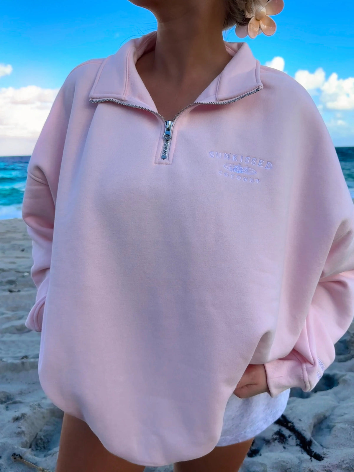 Light Pink Sunkissedcoconut Embroider Quarter-Zip Sweatshirt