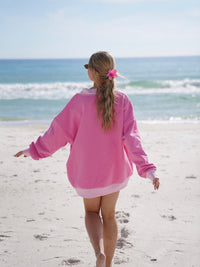 Pink And Light Pink Embroider Hibiscus Flower V-Neck Sweatshirt