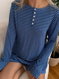 Striped Soft Button Loungewear Long Sleeve Top